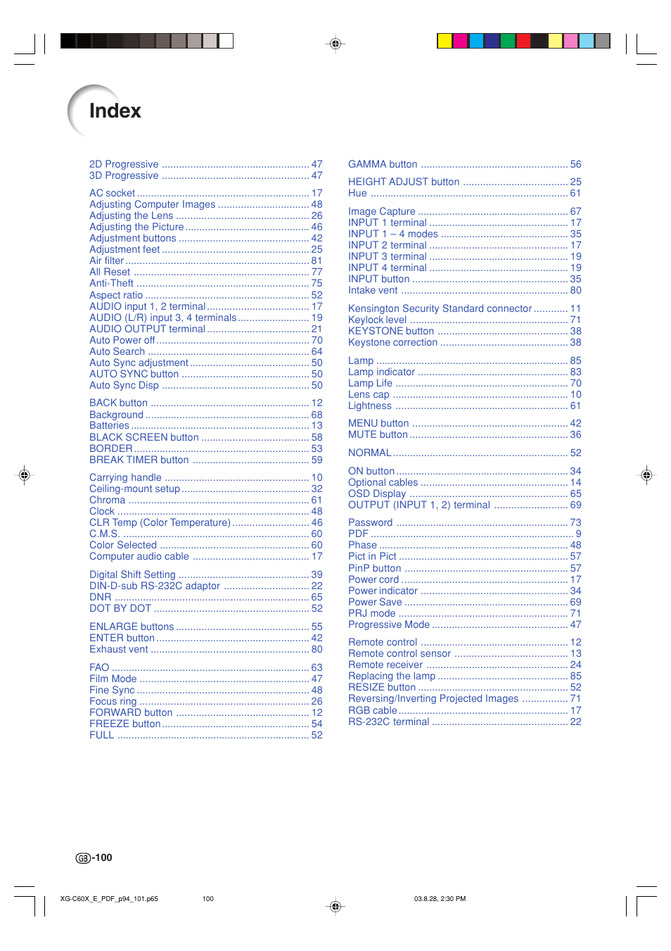 Index | Sharp XG-C60X User Manual | Page 104 / 106