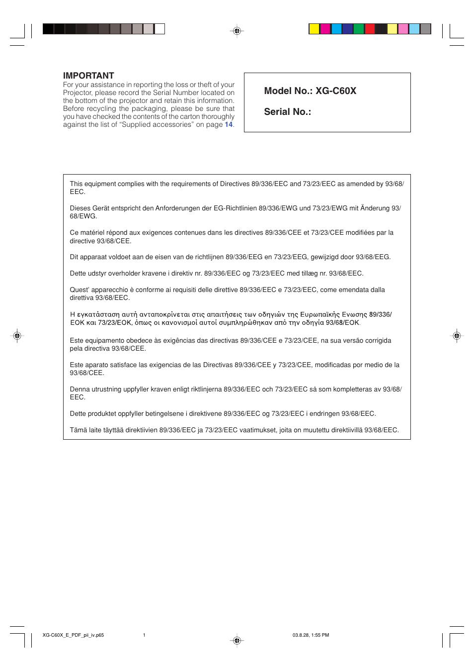 Model no.: xg-c60x serial no, Important | Sharp XG-C60X User Manual | Page 2 / 106