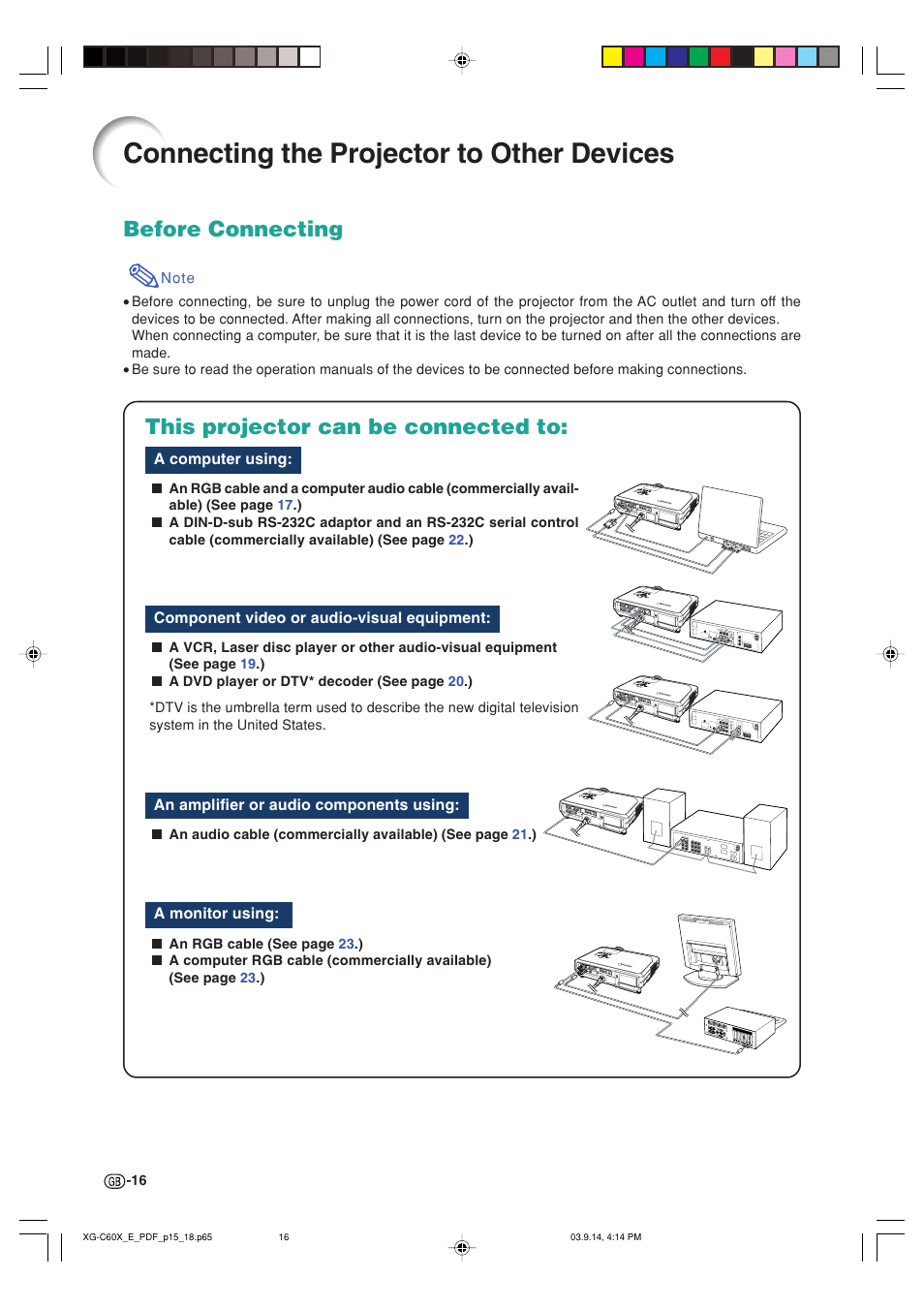 Connecting the projector to other devices, Before connecting, This projector can be connected to | Sharp XG-C60X User Manual | Page 20 / 106