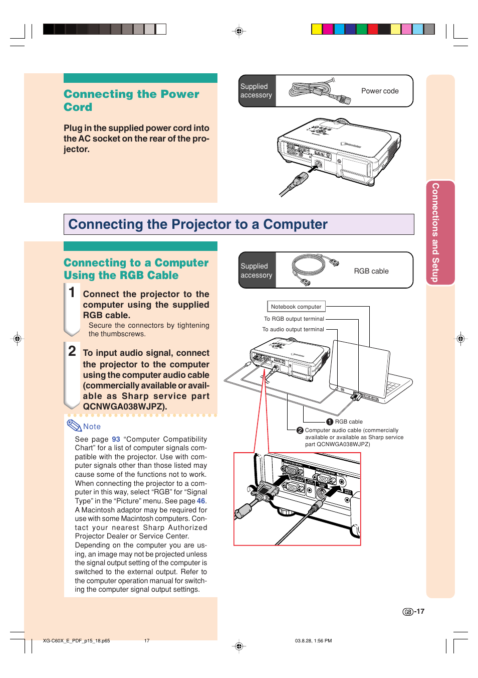 Connecting the projector to a computer, Connecting the power cord, Connecting to a computer using the rgb cable | Sharp XG-C60X User Manual | Page 21 / 106