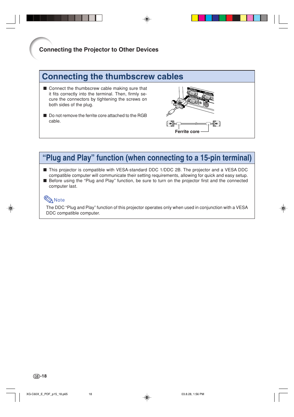 Connecting the thumbscrew cables, Connecting the projector to other devices | Sharp XG-C60X User Manual | Page 22 / 106