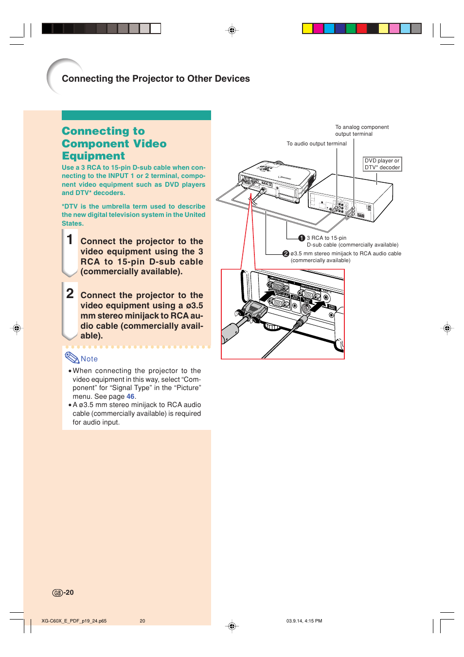 Connecting to component video equipment, Connecting the projector to other devices | Sharp XG-C60X User Manual | Page 24 / 106