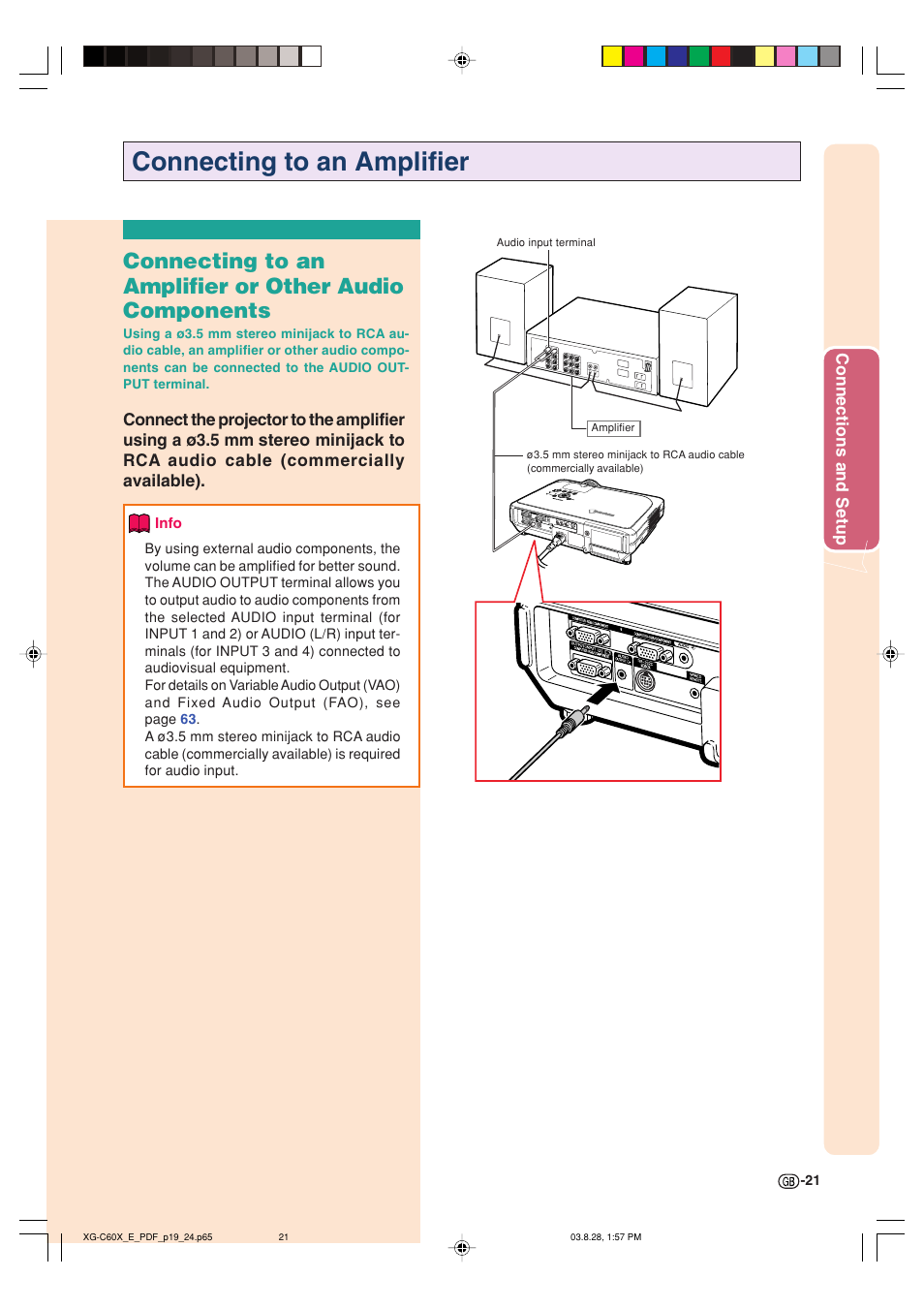 Connecting to an amplifier | Sharp XG-C60X User Manual | Page 25 / 106