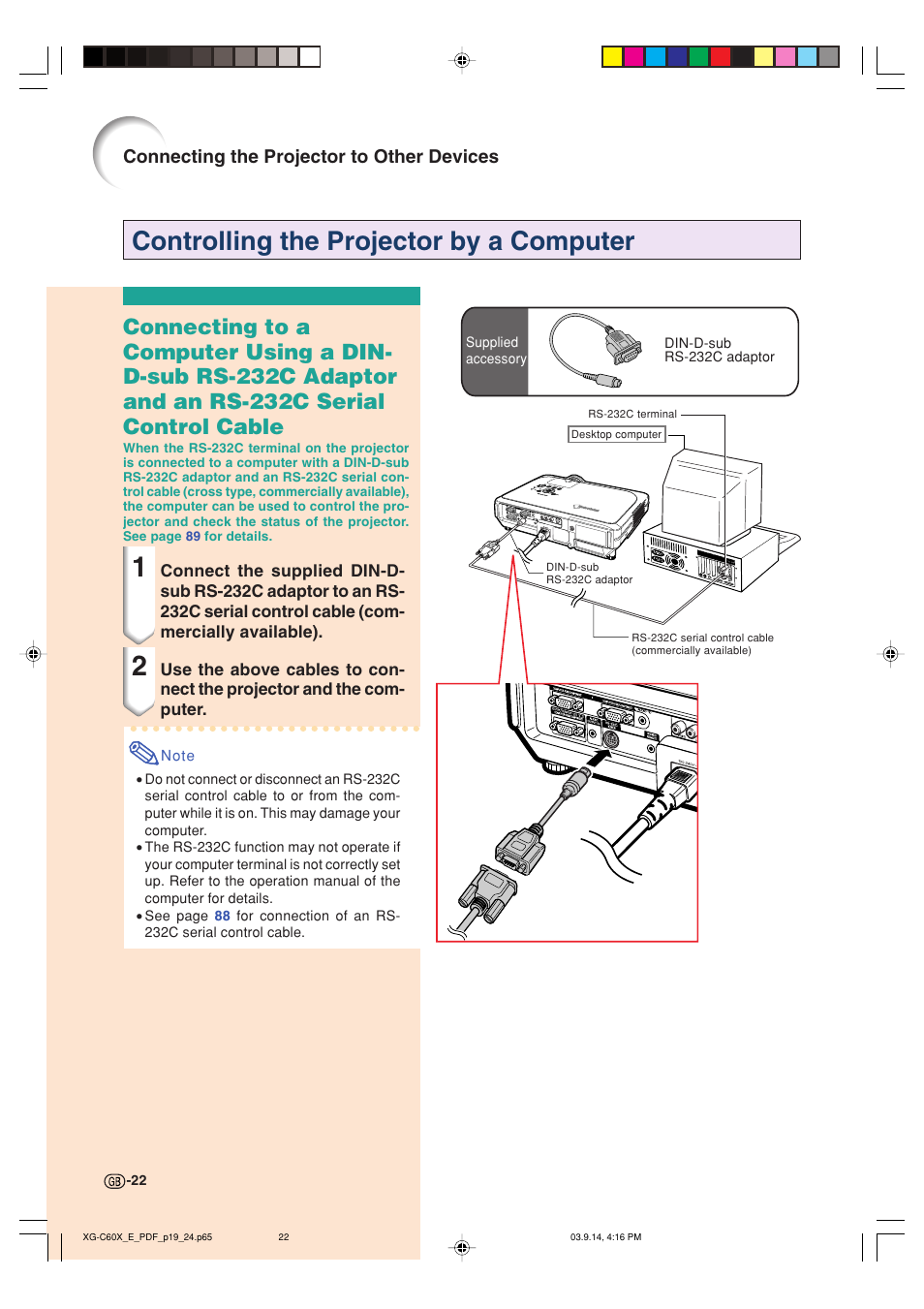 Controlling the projector by a computer, Connecting the projector to other devices | Sharp XG-C60X User Manual | Page 26 / 106