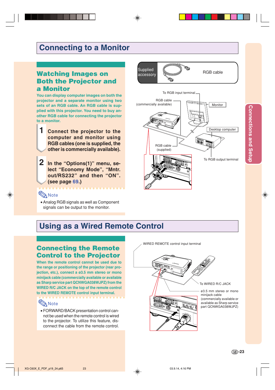 Connecting to a monitor, Using as a wired remote control, Connecting the remote control to the projector | Sharp XG-C60X User Manual | Page 27 / 106