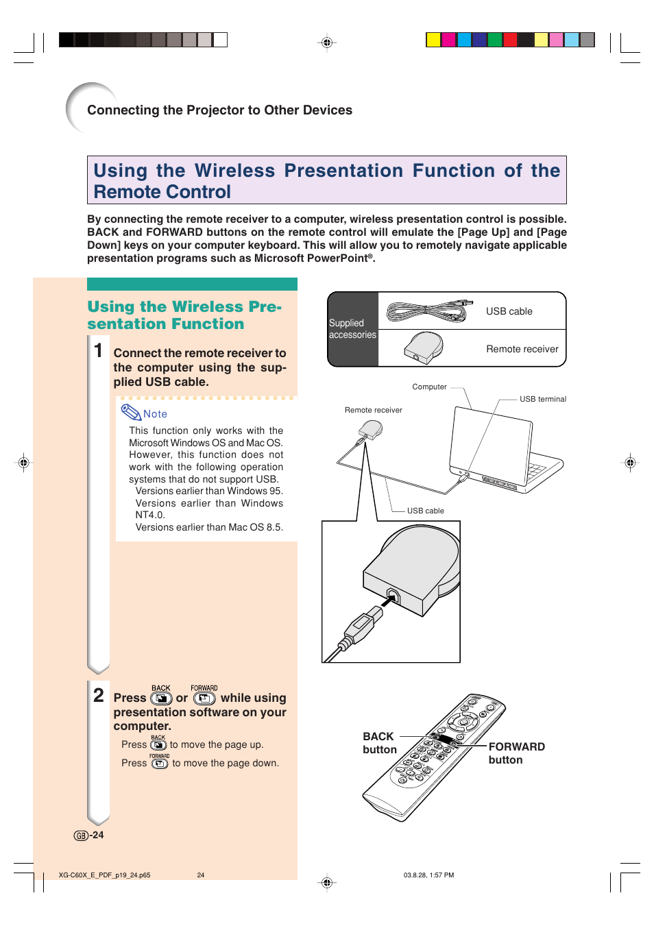 Using the wireless pre- sentation function, Connecting the projector to other devices | Sharp XG-C60X User Manual | Page 28 / 106