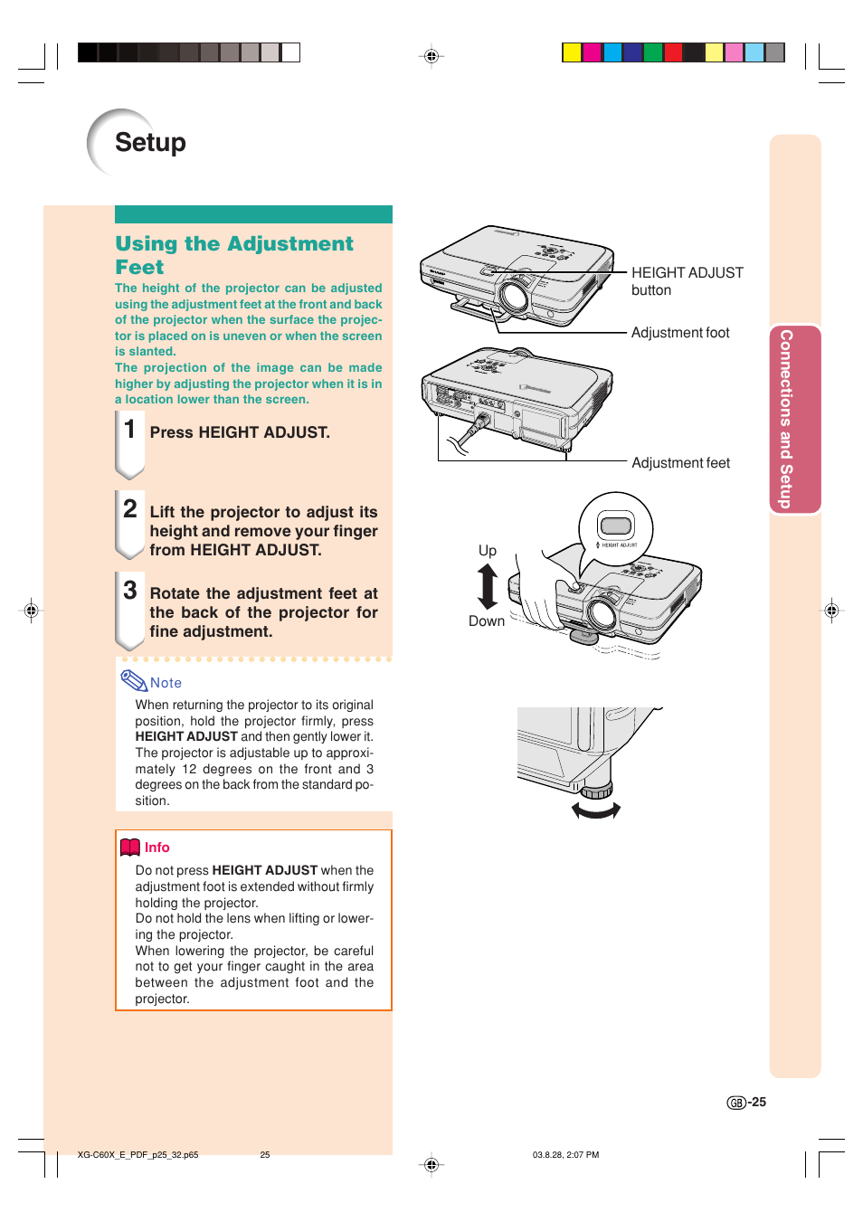 Setup, Using the adjustment feet | Sharp XG-C60X User Manual | Page 29 / 106