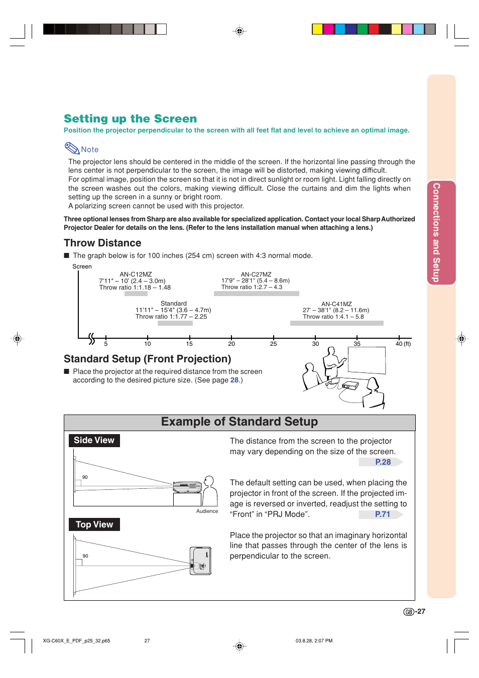 Example of standard setup, Setting up the screen, Throw distance | Standard setup (front projection), Connections and setup, Side view top view | Sharp XG-C60X User Manual | Page 31 / 106