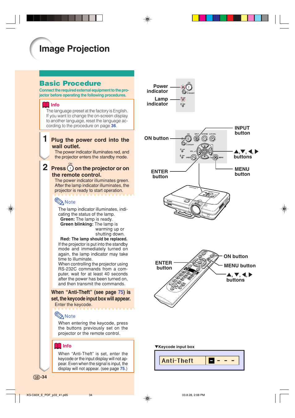 Image projection, Basic procedure | Sharp XG-C60X User Manual | Page 38 / 106