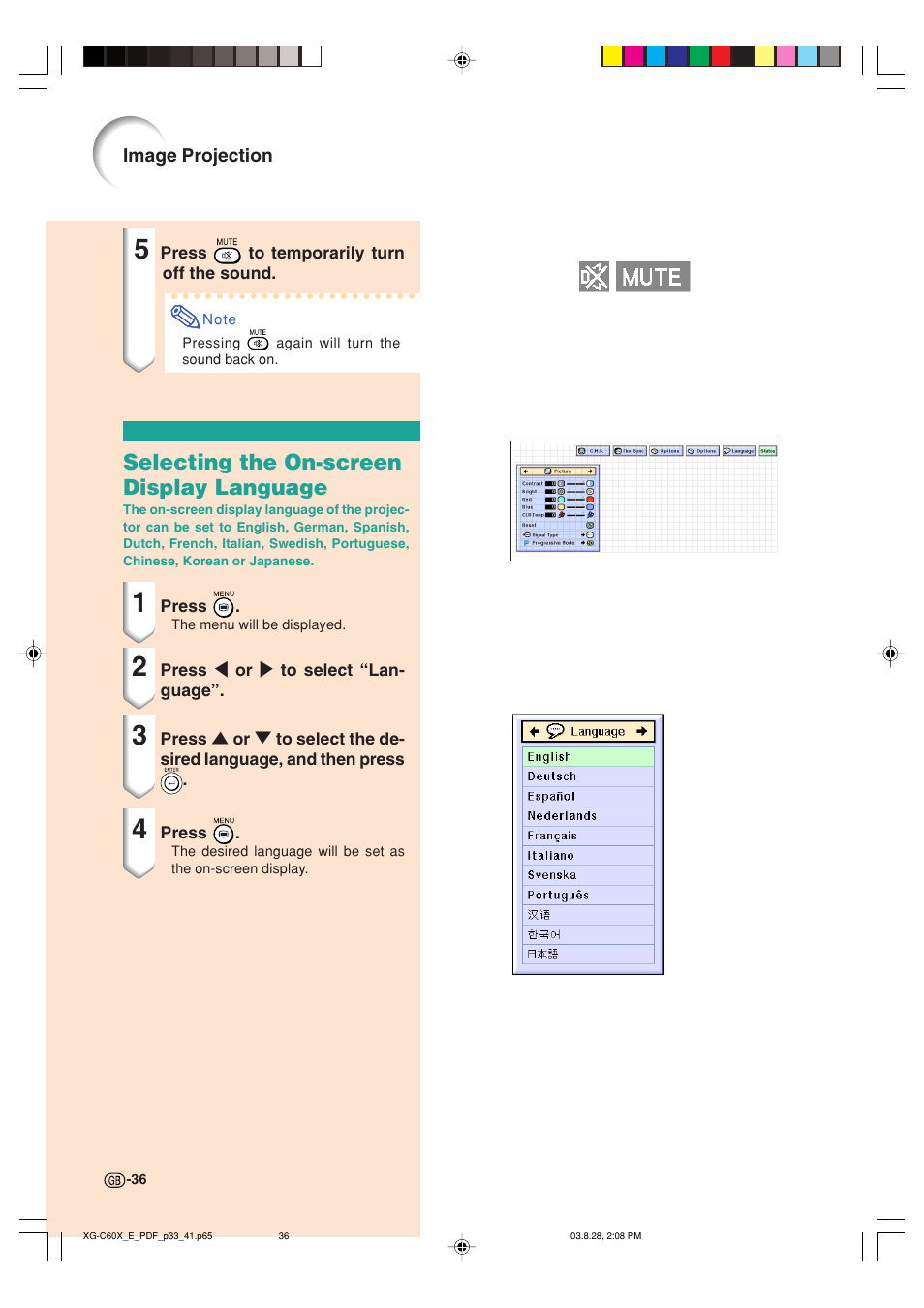 Selecting the on-screen display language | Sharp XG-C60X User Manual | Page 40 / 106