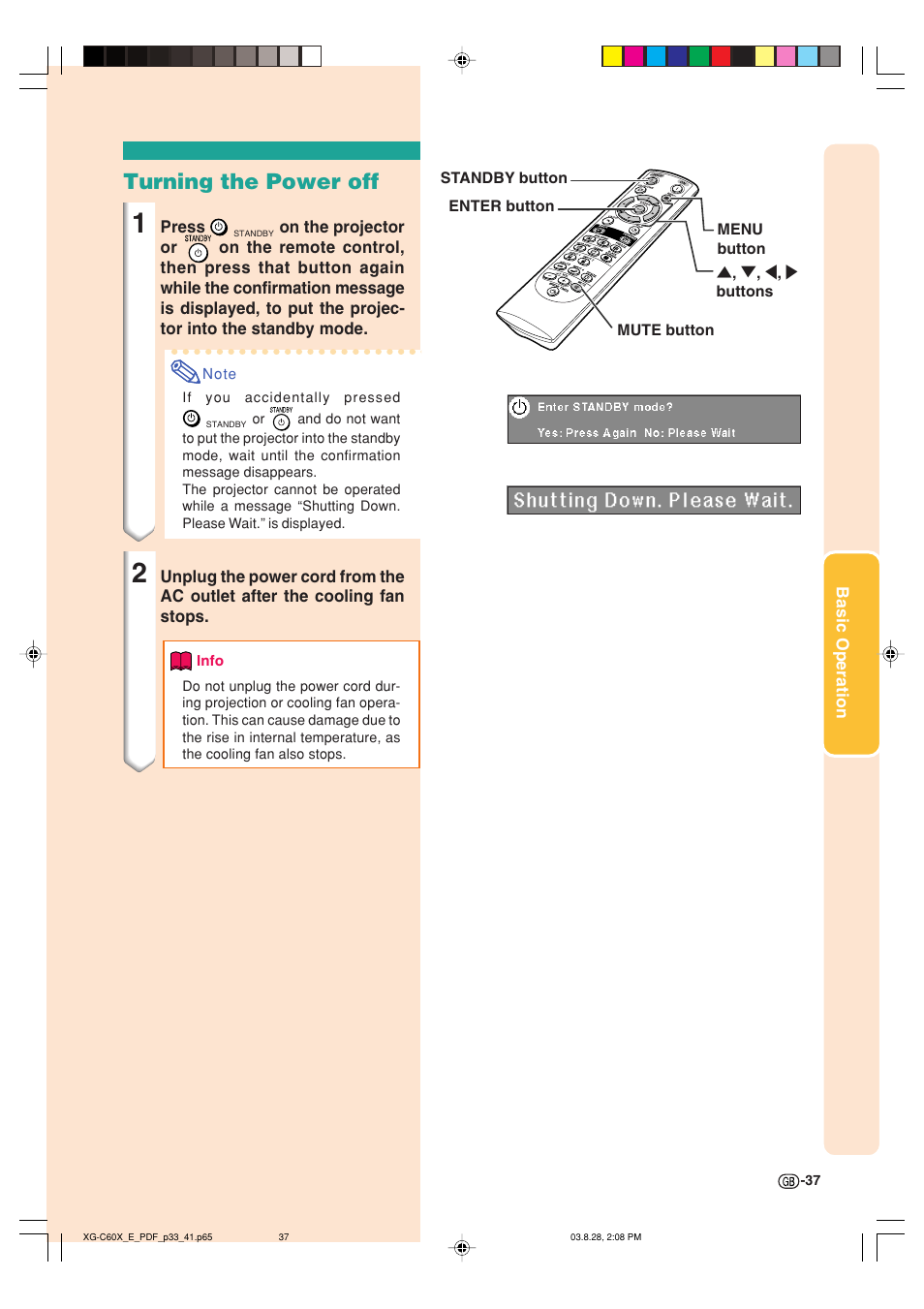 Turning the power off | Sharp XG-C60X User Manual | Page 41 / 106