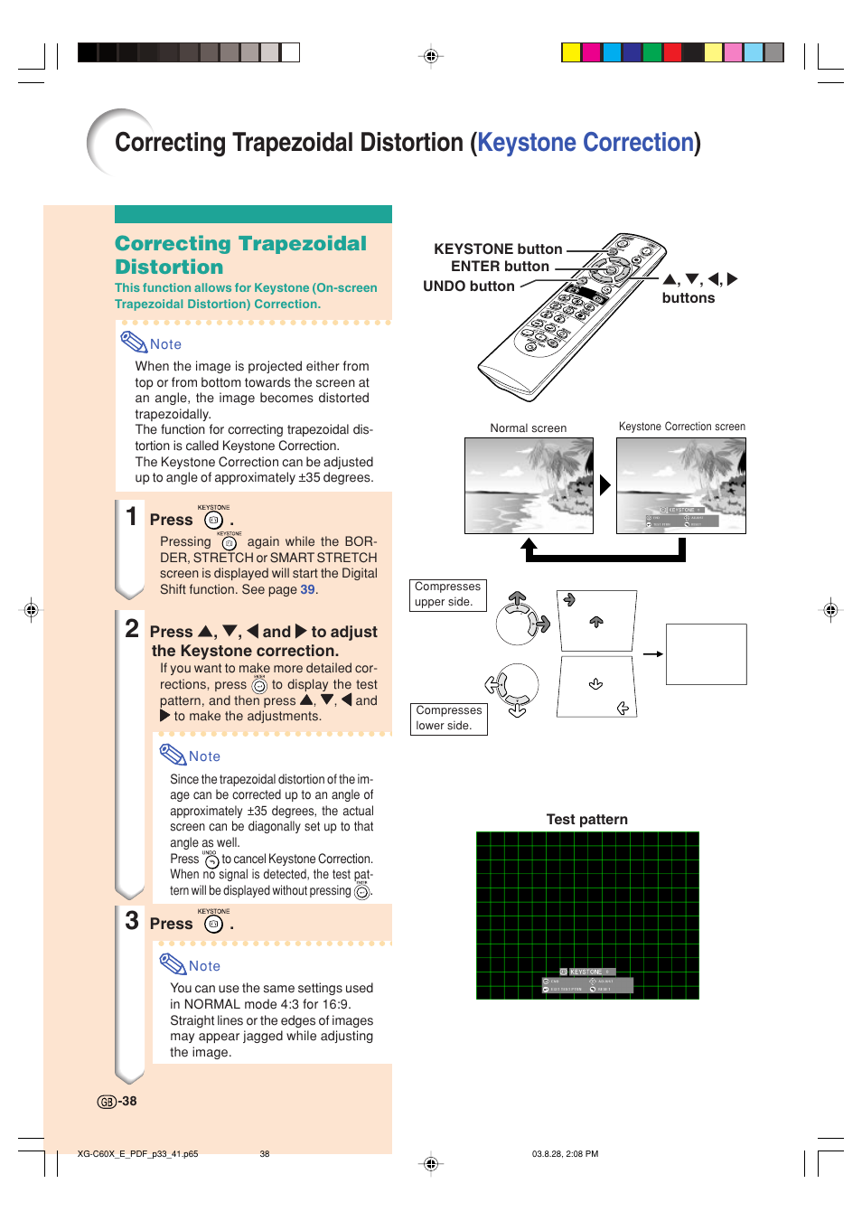 Correcting trapezoidal distortion | Sharp XG-C60X User Manual | Page 42 / 106