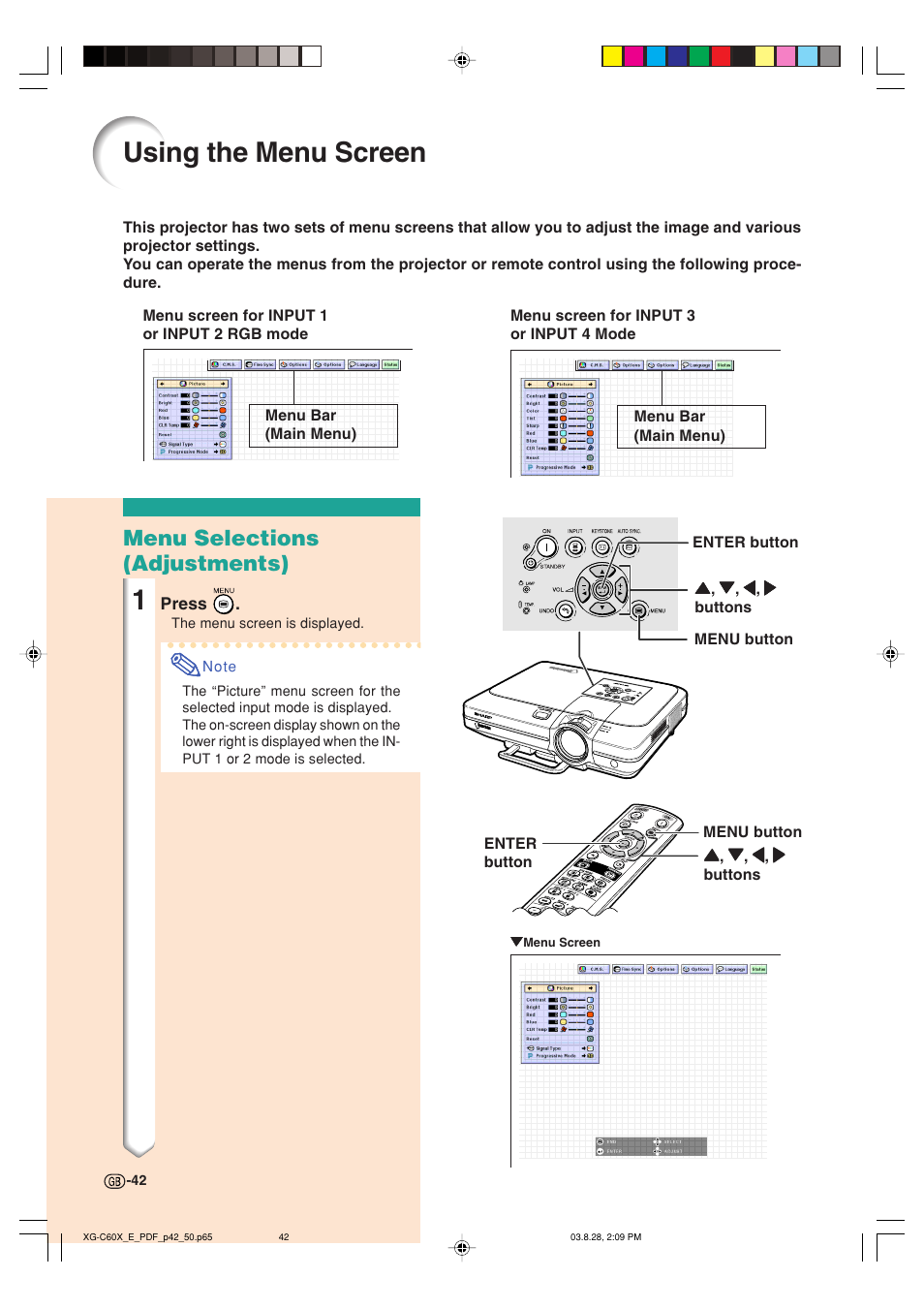 Using the menu screen, Menu selections (adjustments) | Sharp XG-C60X User Manual | Page 46 / 106