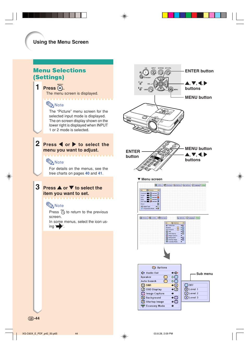 Menu selections (settings) | Sharp XG-C60X User Manual | Page 48 / 106