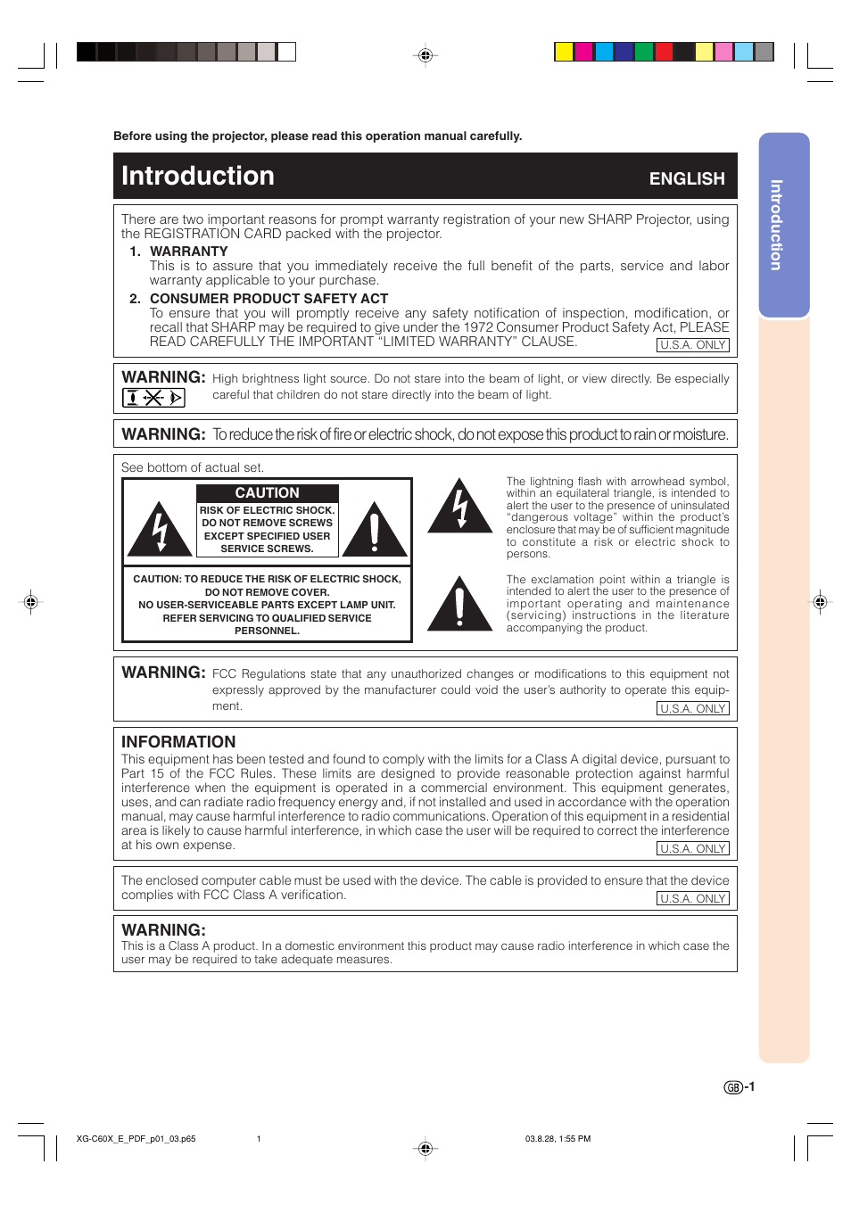 Introduction, English, Warning | Information | Sharp XG-C60X User Manual | Page 5 / 106