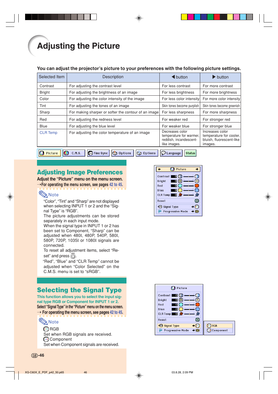 Adjusting the picture, Adjusting image preferences, Selecting the signal type | Sharp XG-C60X User Manual | Page 50 / 106