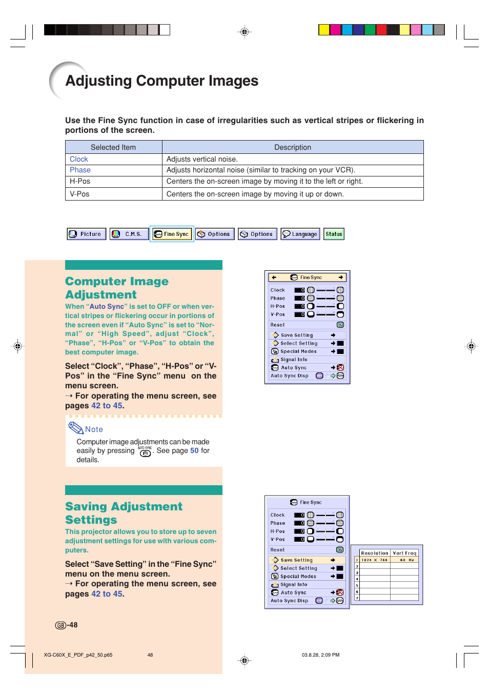 Adjusting computer images, Computer image adjustment, Saving adjustment settings | Sharp XG-C60X User Manual | Page 52 / 106