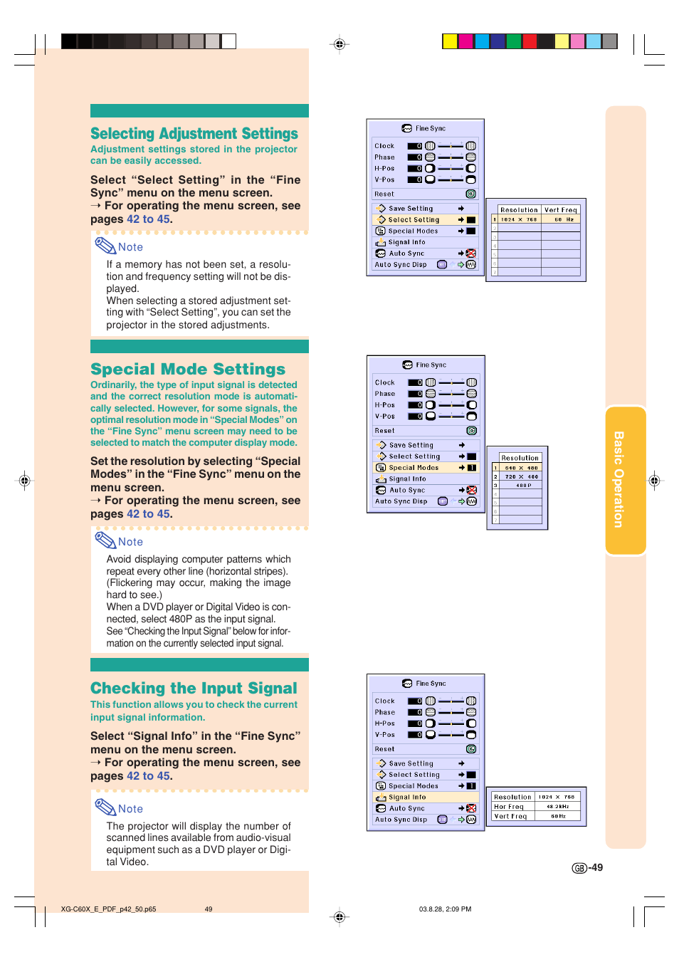 Selecting adjustment settings, Special mode settings, Checking the input signal | Sharp XG-C60X User Manual | Page 53 / 106