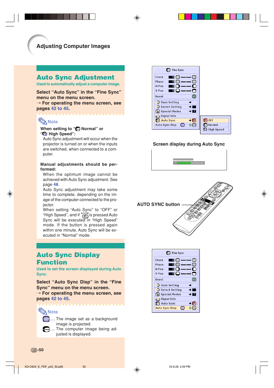 Auto sync adjustment, Auto sync display function, Adjusting computer images | Sharp XG-C60X User Manual | Page 54 / 106