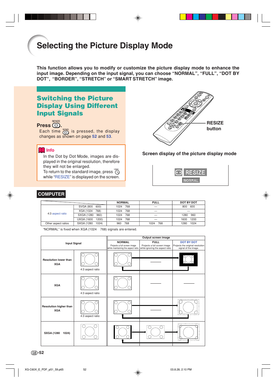 Selecting the picture display mode, Press, Computer | Info | Sharp XG-C60X User Manual | Page 56 / 106