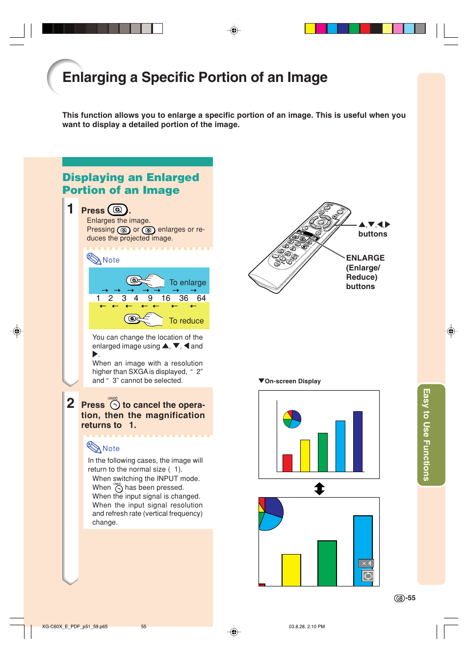 Enlarging a specific portion of an image, Displaying an enlarged portion of an image | Sharp XG-C60X User Manual | Page 59 / 106