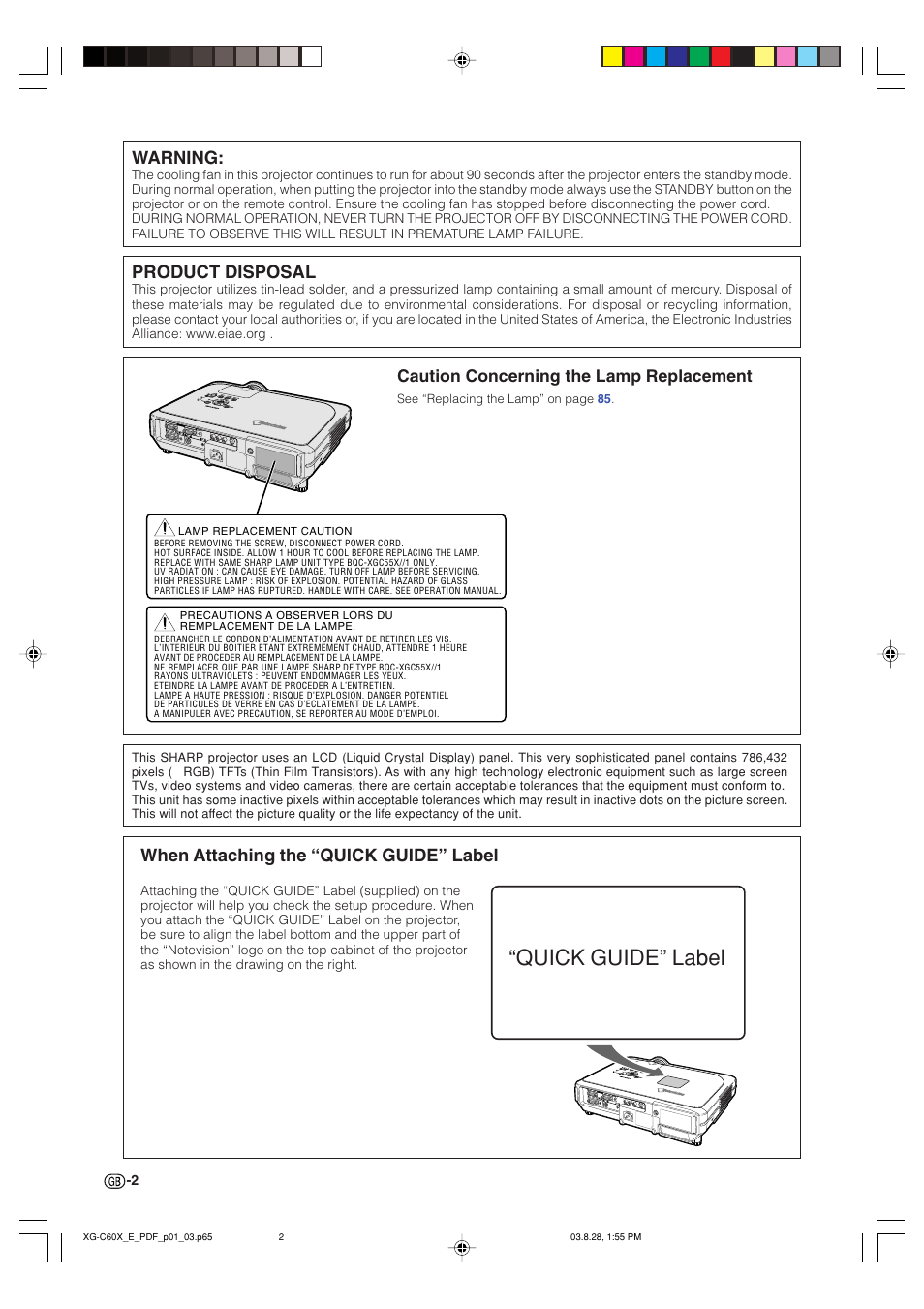 Quick guide” label, Warning, Product disposal | When attaching the “quick guide” label, Caution concerning the lamp replacement | Sharp XG-C60X User Manual | Page 6 / 106