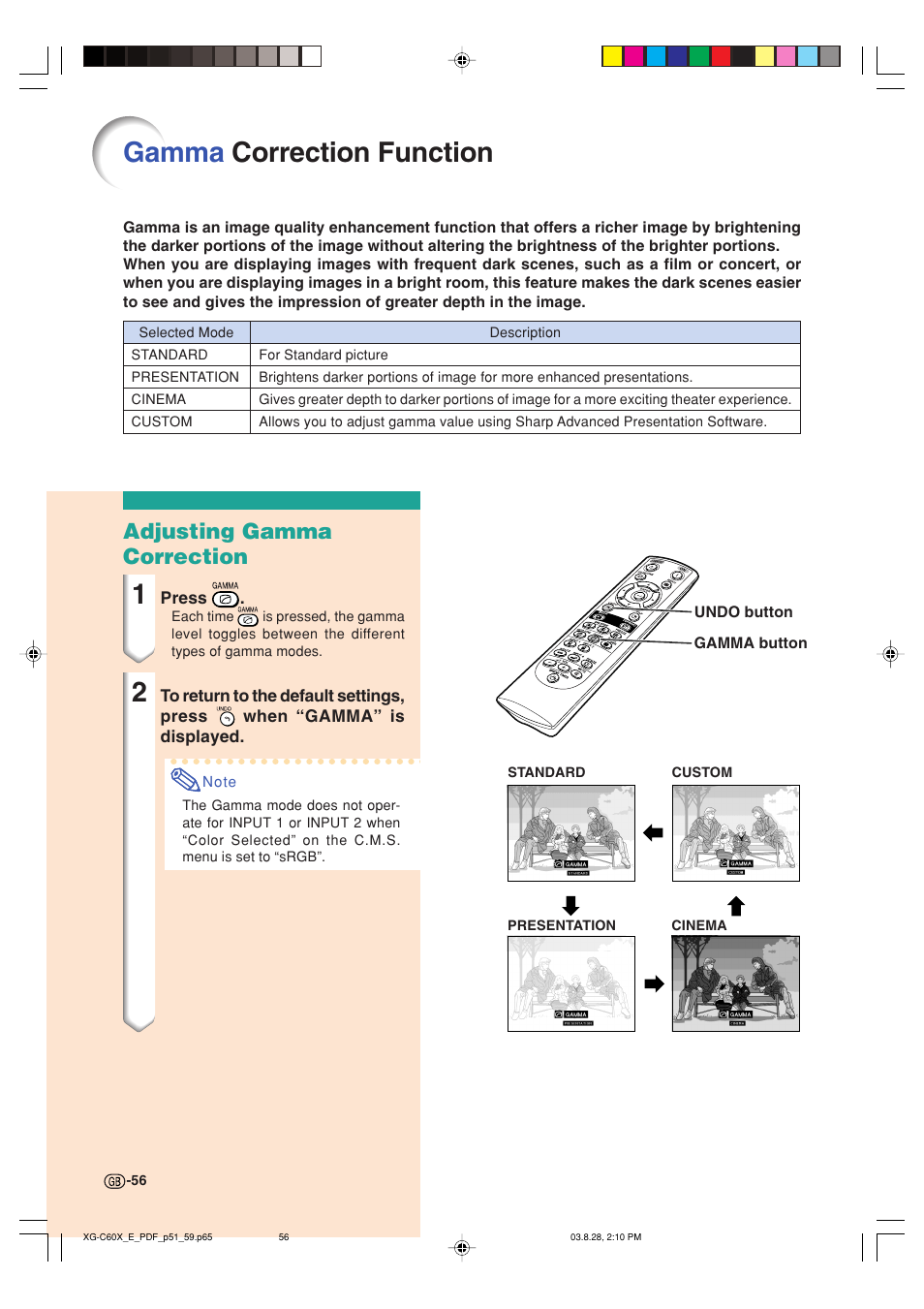 Gamma correction function, Adjusting gamma correction | Sharp XG-C60X User Manual | Page 60 / 106