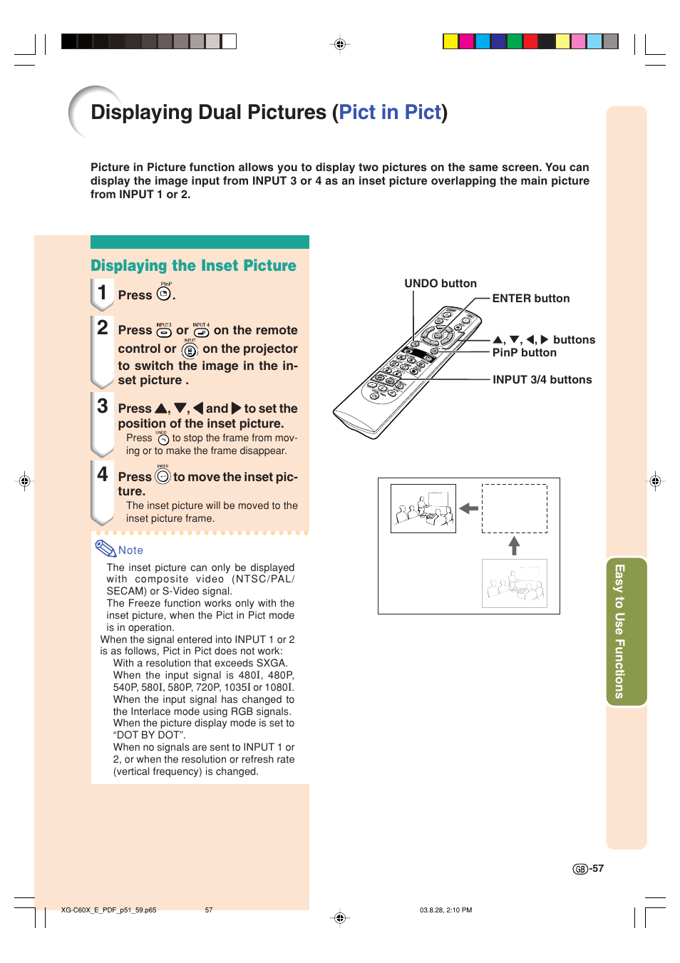 Displaying dual pictures ( pict in pict ), Displaying the inset picture | Sharp XG-C60X User Manual | Page 61 / 106