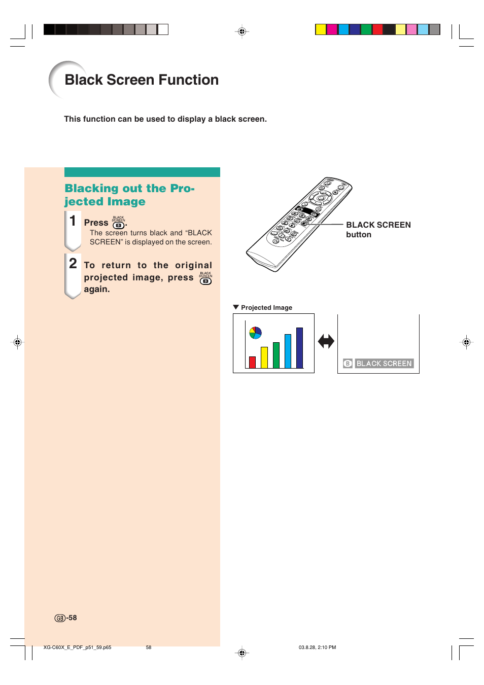 Black screen function, Blacking out the pro- jected image | Sharp XG-C60X User Manual | Page 62 / 106