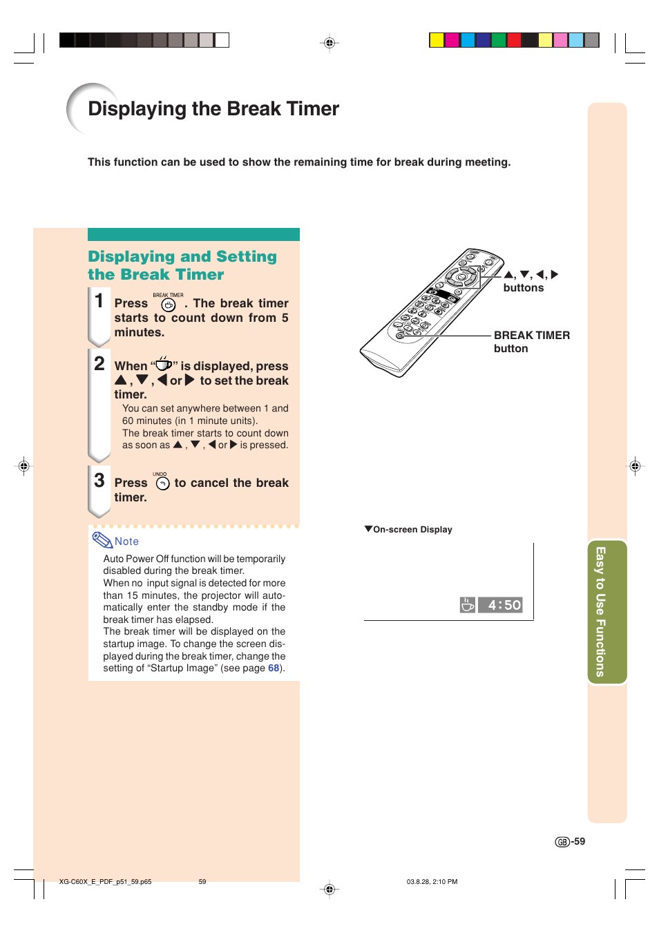 Displaying the break timer, Displaying and setting the break timer | Sharp XG-C60X User Manual | Page 63 / 106