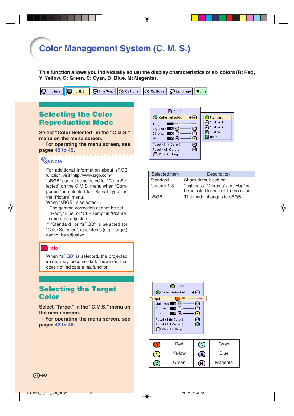 Color management system (c. m. s.), Selecting the color reproduction mode, Selecting the target color | Sharp XG-C60X User Manual | Page 64 / 106