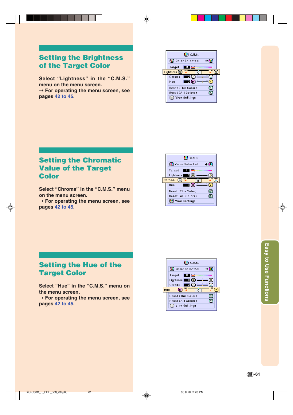 Setting the brightness of the target color, Setting the chromatic value of the target color, Setting the hue of the target color | Sharp XG-C60X User Manual | Page 65 / 106