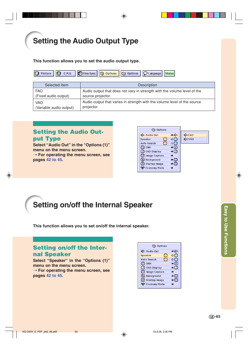 Setting on/off the internal speaker, Setting the audio output type, Setting the audio out- put type | Setting on/off the inter- nal speaker | Sharp XG-C60X User Manual | Page 67 / 106