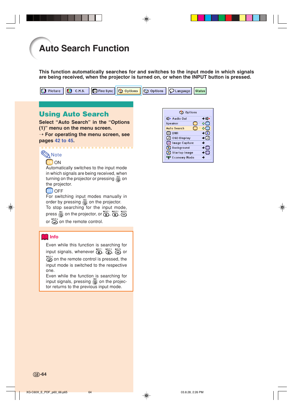 Auto search function, Using auto search | Sharp XG-C60X User Manual | Page 68 / 106