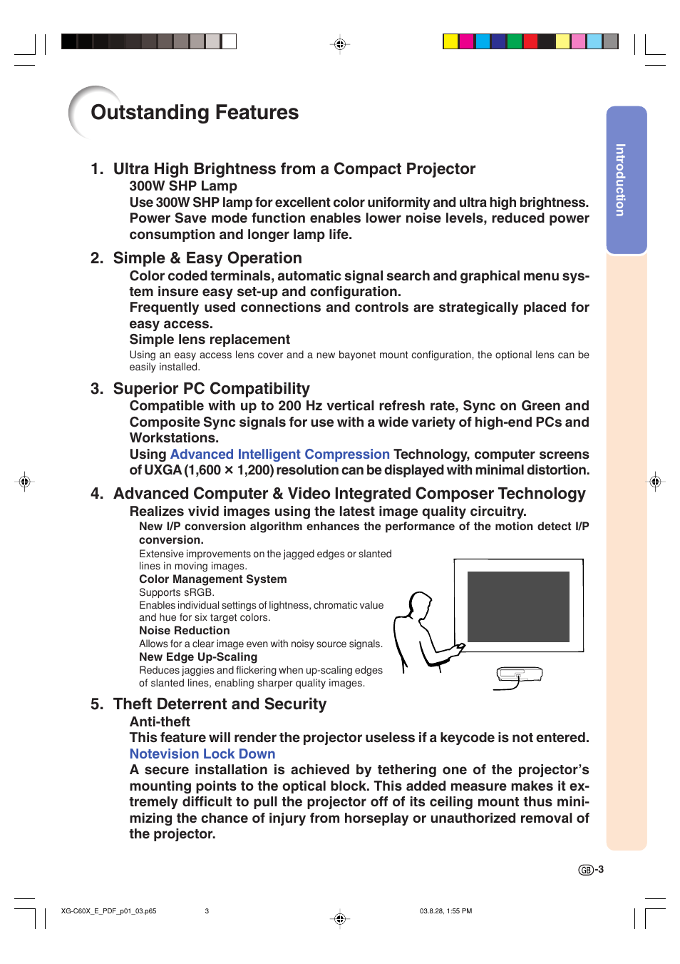 Outstanding features, Ultra high brightness from a compact projector, Simple & easy operation | Superior pc compatibility, Theft deterrent and security | Sharp XG-C60X User Manual | Page 7 / 106