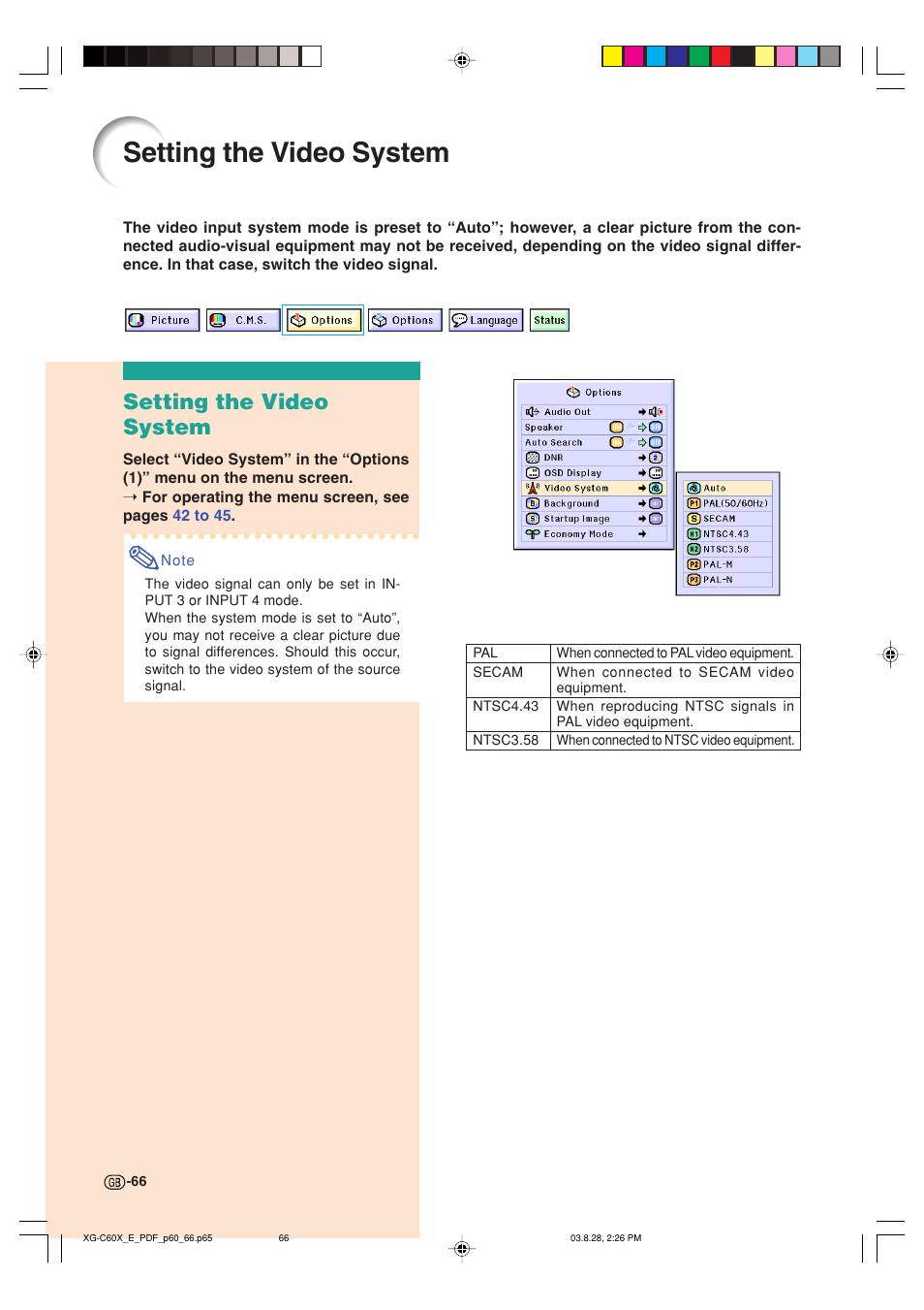 Setting the video system | Sharp XG-C60X User Manual | Page 70 / 106