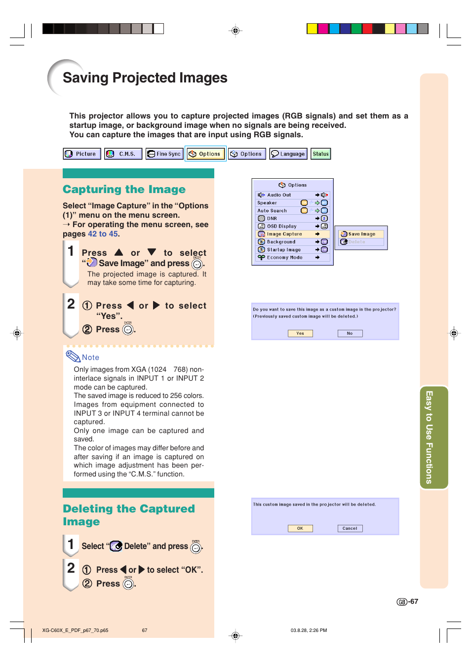 Saving projected images, Capturing the image, Deleting the captured image | Sharp XG-C60X User Manual | Page 71 / 106