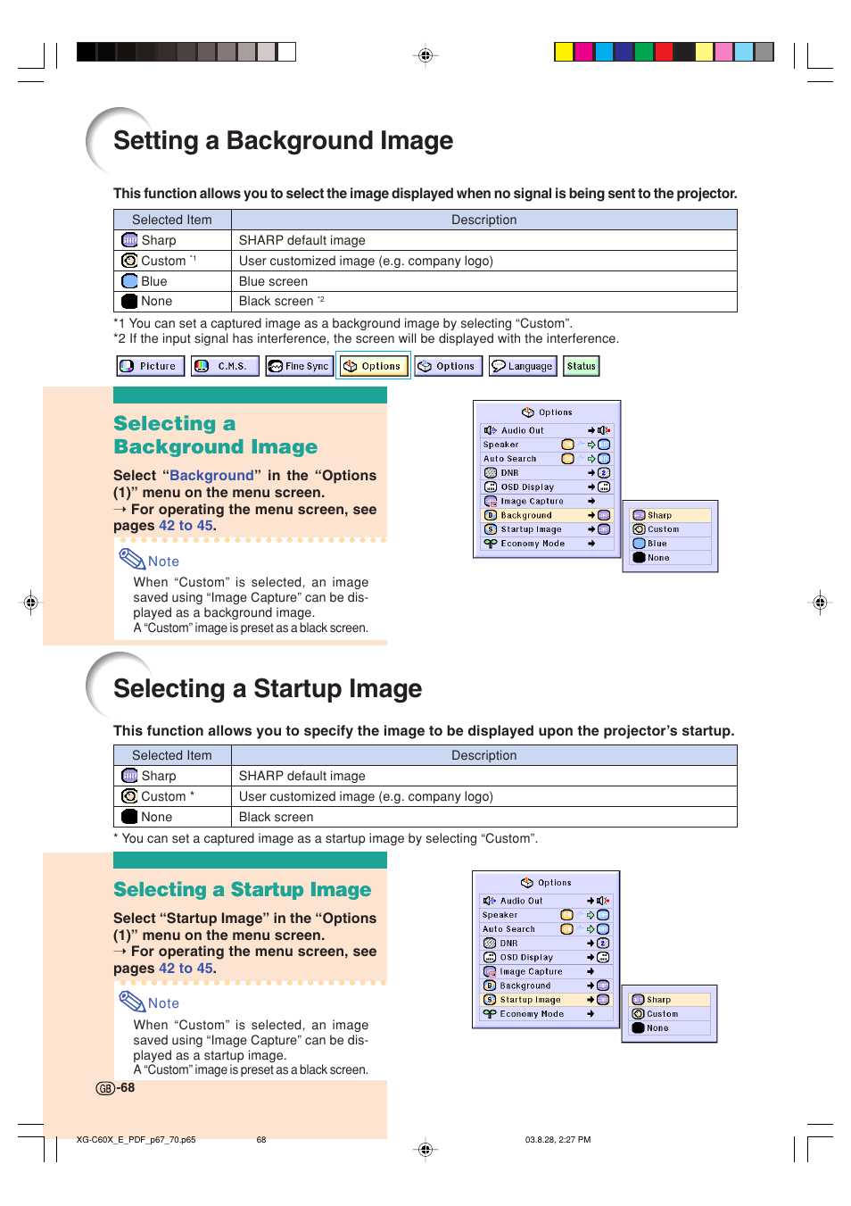 Setting a background image, Selecting a startup image, Selecting a background image | Sharp XG-C60X User Manual | Page 72 / 106