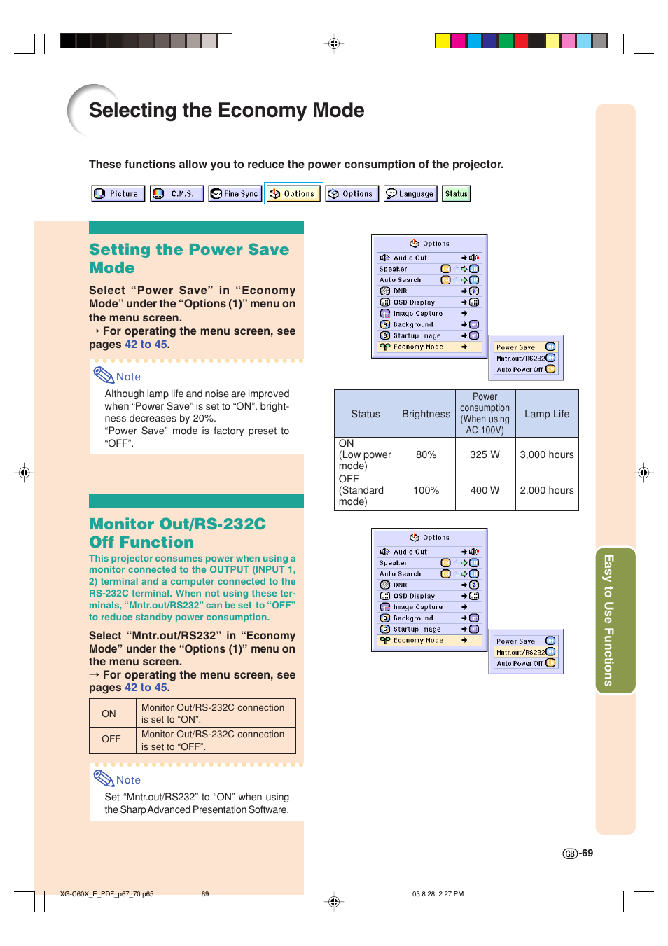 Selecting the economy mode, Setting the power save mode, Monitor out/rs-232c off function | Sharp XG-C60X User Manual | Page 73 / 106