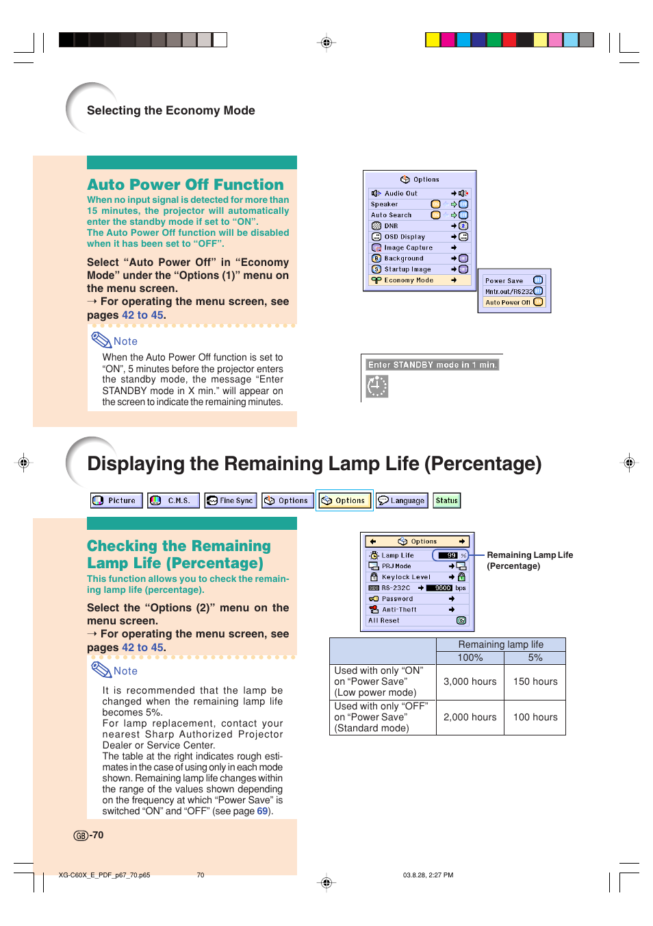 Displaying the remaining lamp life (percentage), Checking the remaining lamp life (percentage), Auto power off function | Sharp XG-C60X User Manual | Page 74 / 106