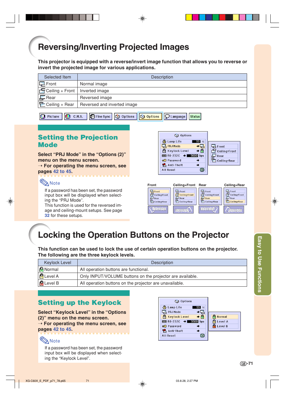 Reversing/inverting projected images, Locking the operation buttons on the projector, Setting the projection mode | Setting up the keylock | Sharp XG-C60X User Manual | Page 75 / 106