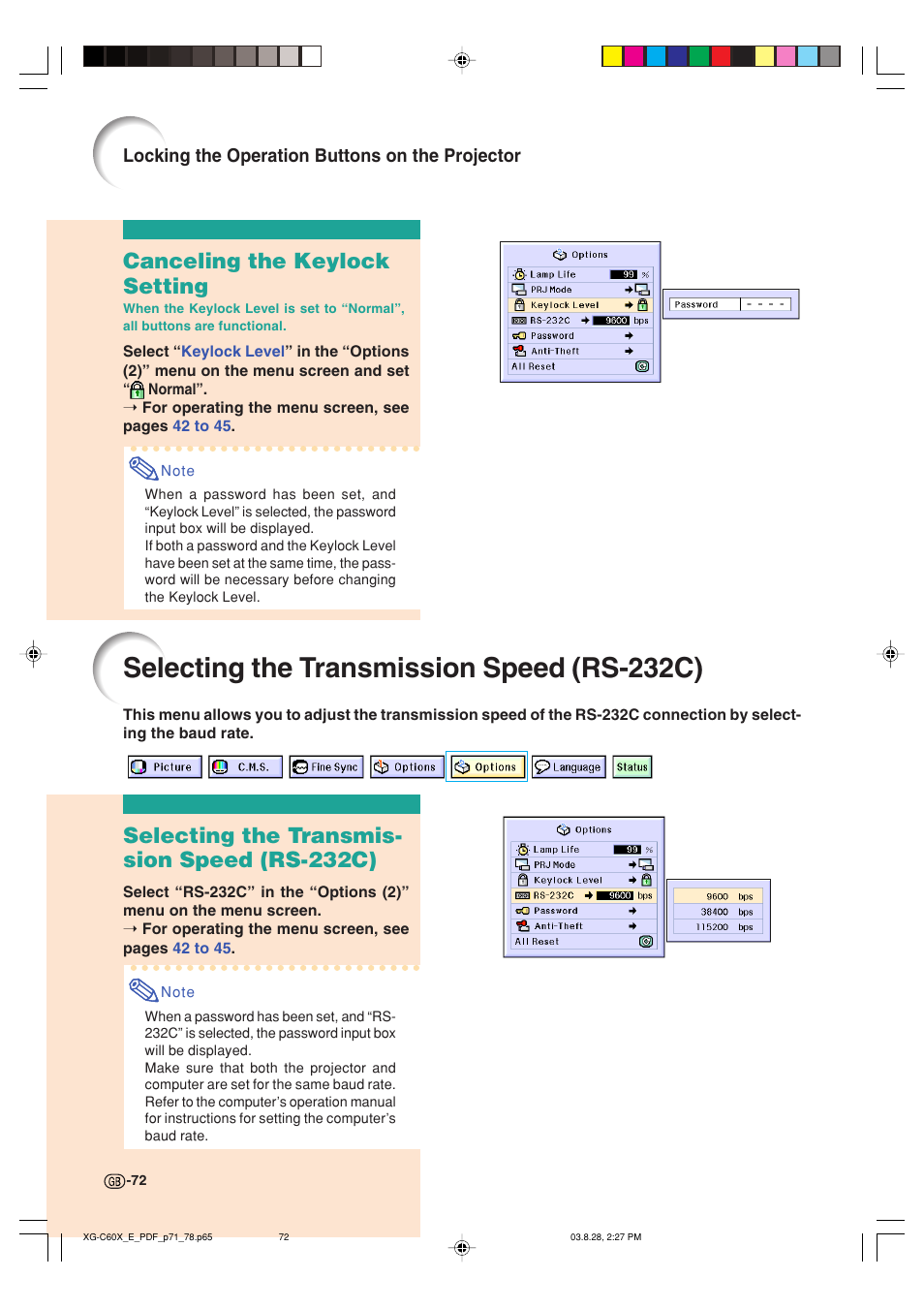 Selecting the transmission speed (rs-232c), Canceling the keylock setting, Selecting the transmis- sion speed (rs-232c) | Locking the operation buttons on the projector | Sharp XG-C60X User Manual | Page 76 / 106