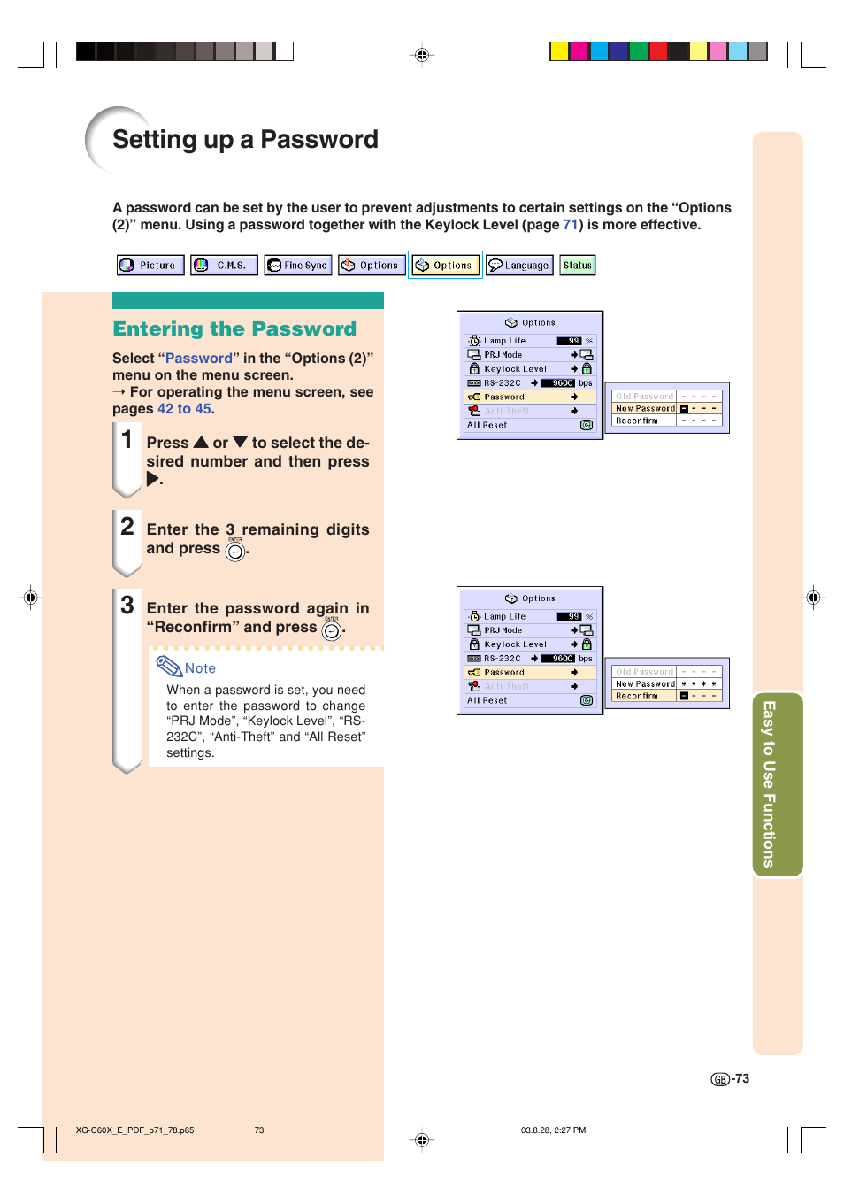 Setting up a password, Entering the password | Sharp XG-C60X User Manual | Page 77 / 106