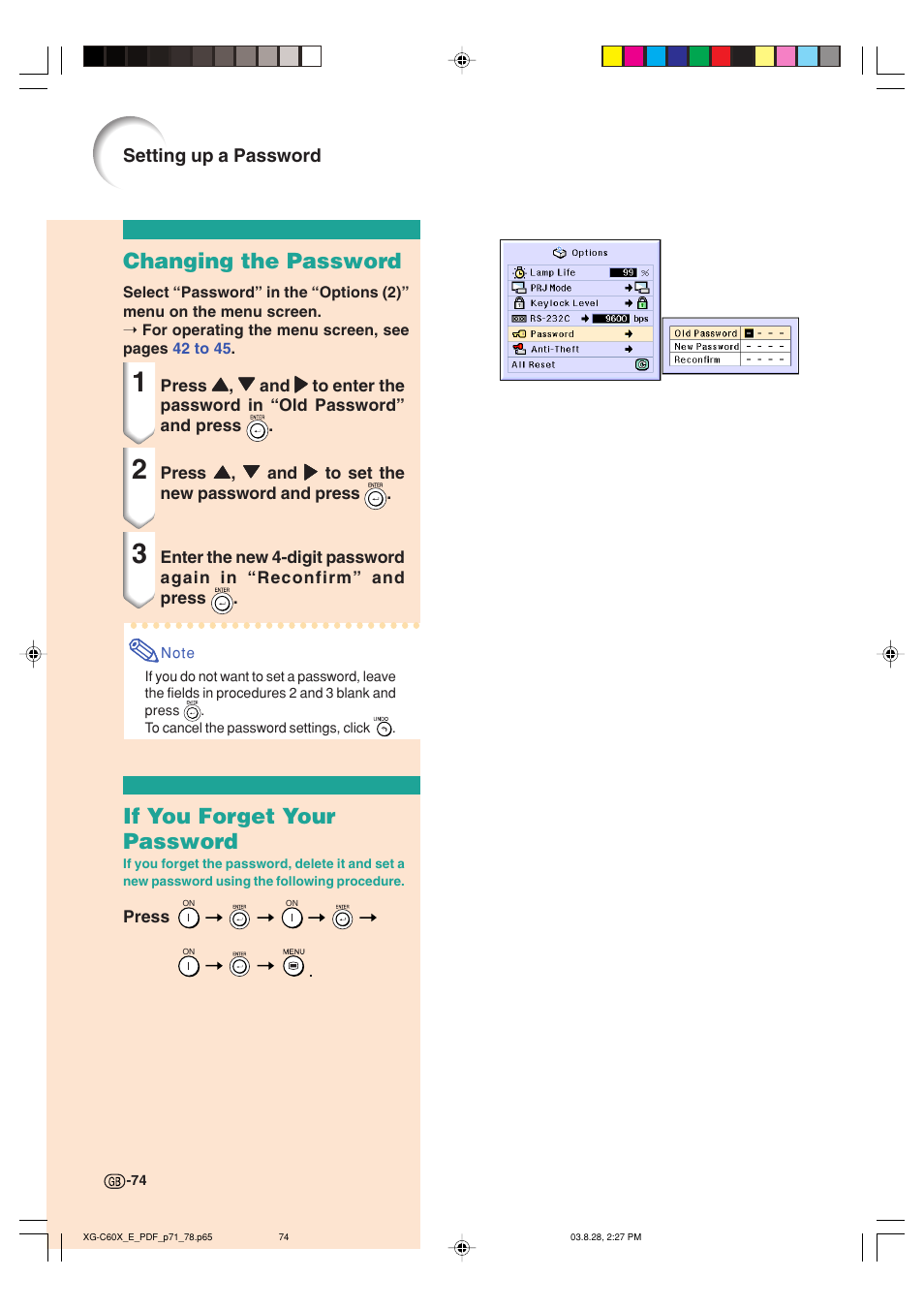 Changing the password, If you forget your password | Sharp XG-C60X User Manual | Page 78 / 106