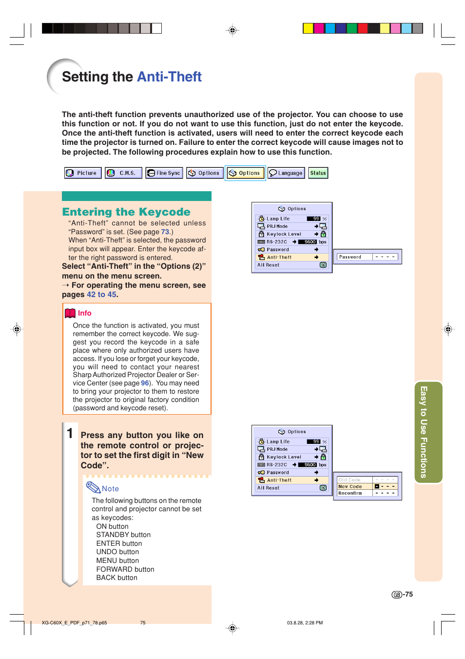 Setting the anti-theft, Entering the keycode | Sharp XG-C60X User Manual | Page 79 / 106