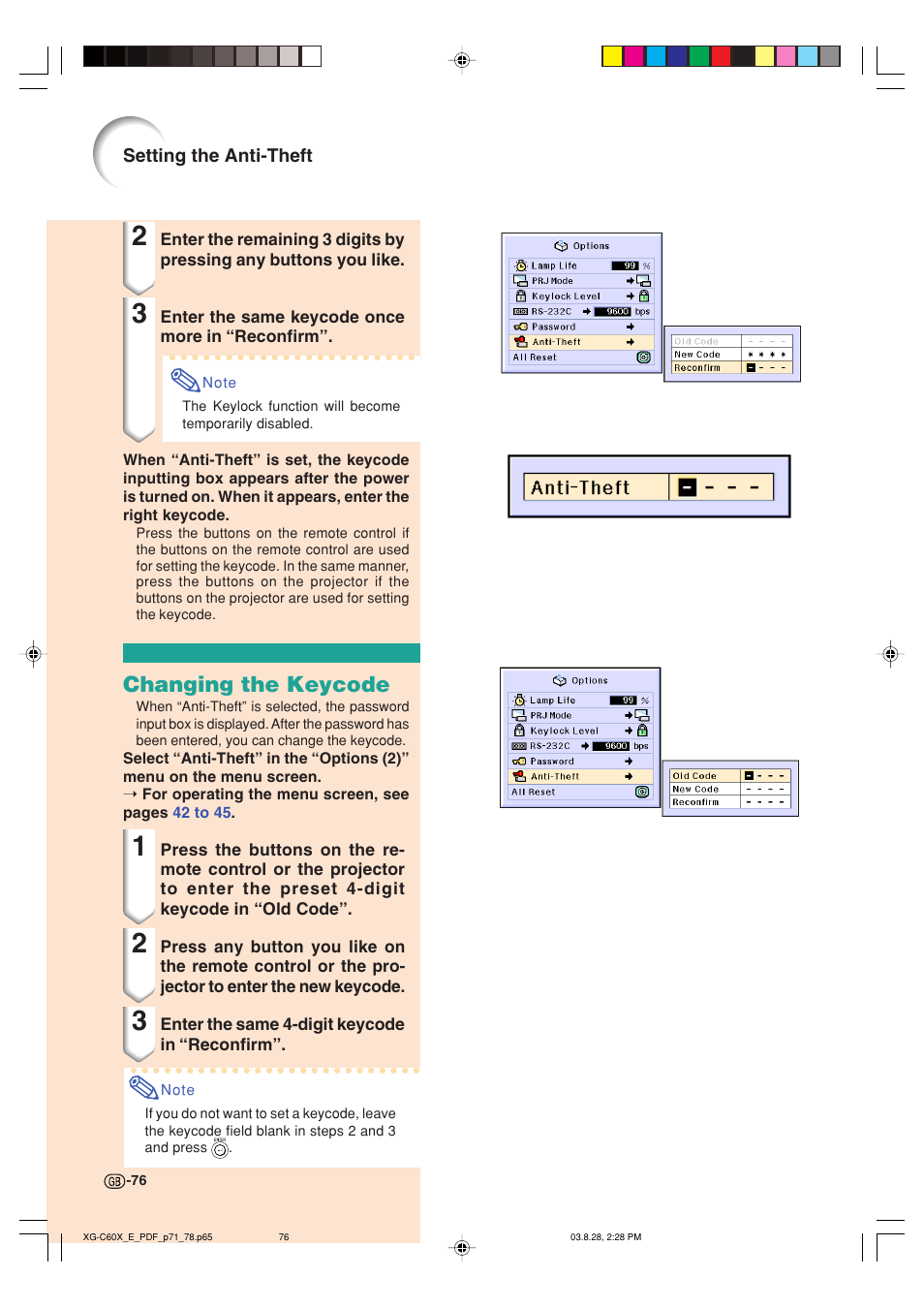 Changing the keycode | Sharp XG-C60X User Manual | Page 80 / 106