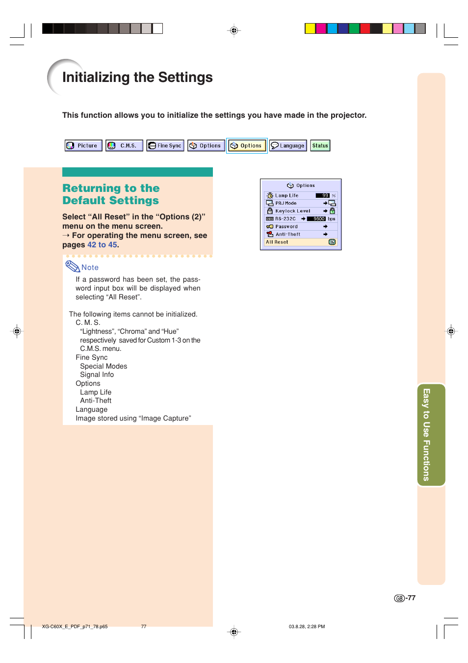 Initializing the settings, Returning to the default settings | Sharp XG-C60X User Manual | Page 81 / 106