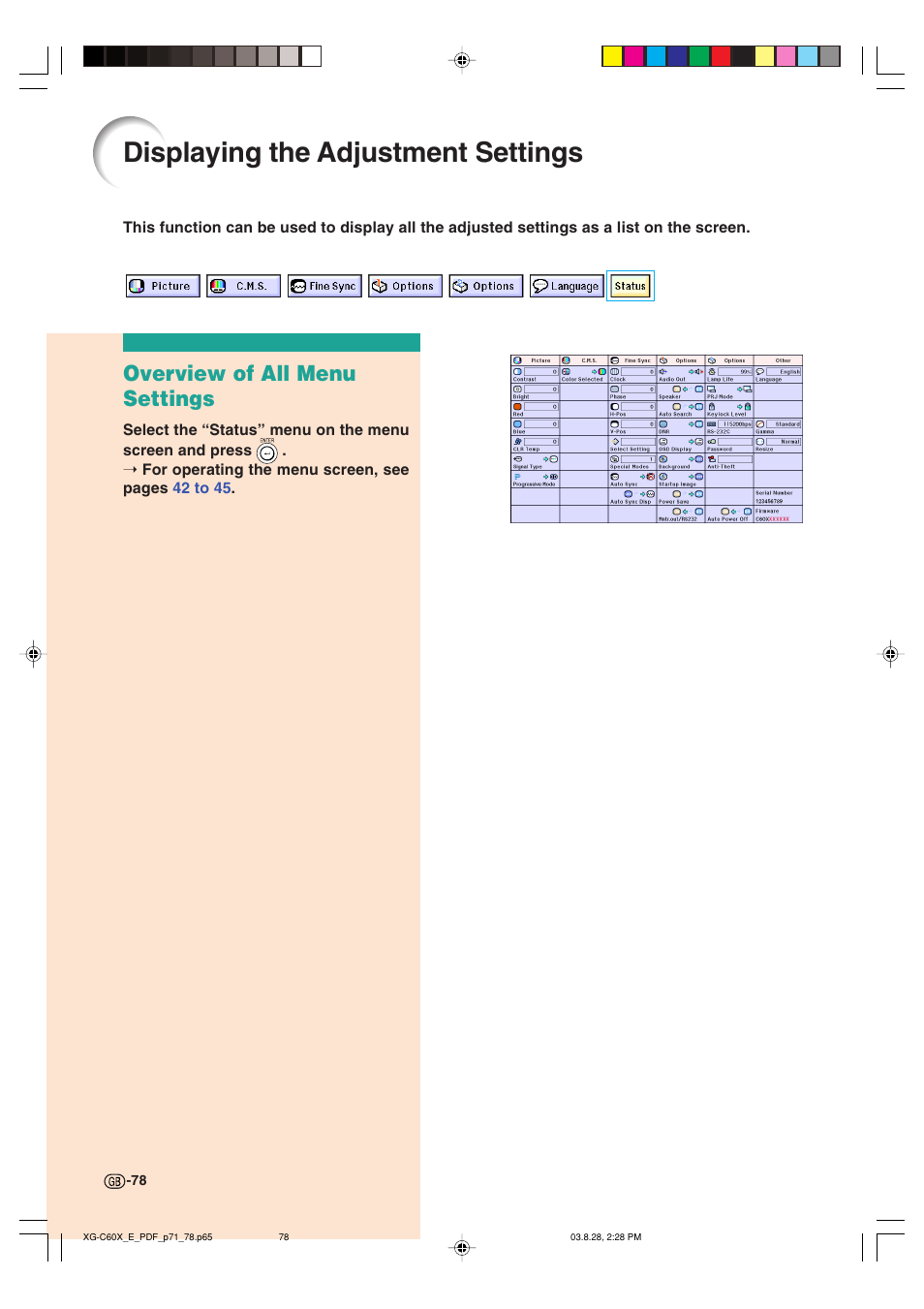 Displaying the adjustment settings, Overview of all menu settings | Sharp XG-C60X User Manual | Page 82 / 106