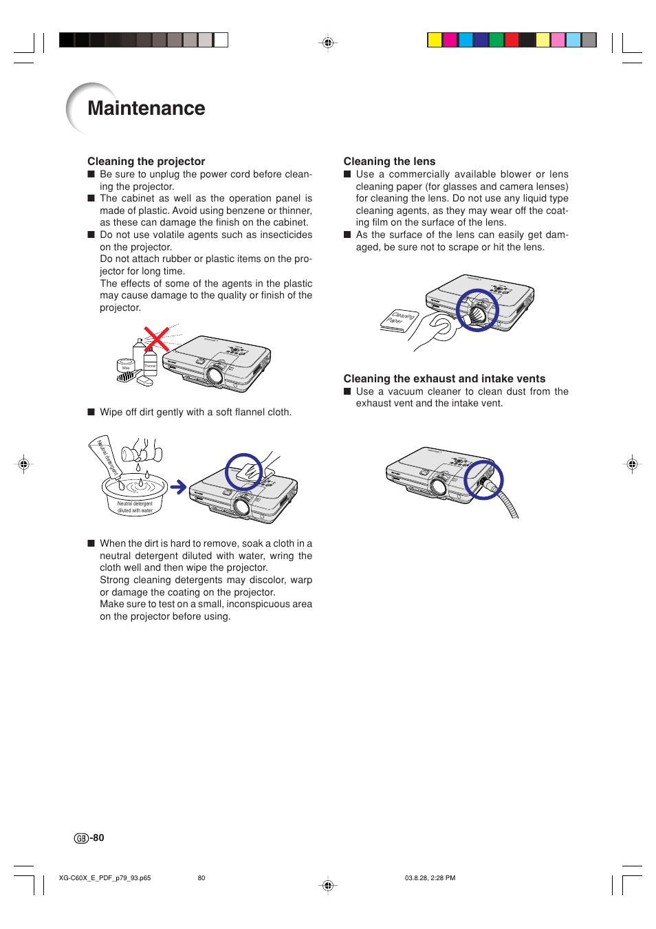 Maintenance, Cleaning the lens, Cleaning the exhaust and intake vents | Cleaning the projector | Sharp XG-C60X User Manual | Page 84 / 106