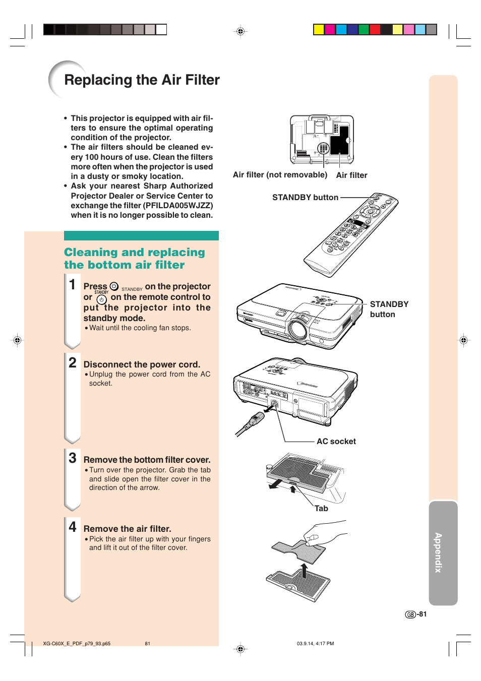 Replacing the air filter, Cleaning and replacing the bottom air filter | Sharp XG-C60X User Manual | Page 85 / 106